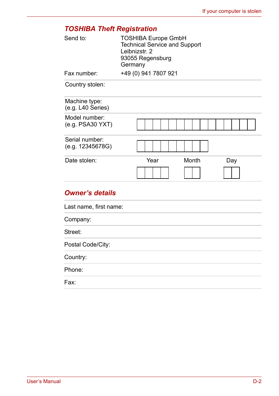 Toshiba theft registration, Owner’s details | Toshiba Equium L40 User Manual | Page 118 / 126