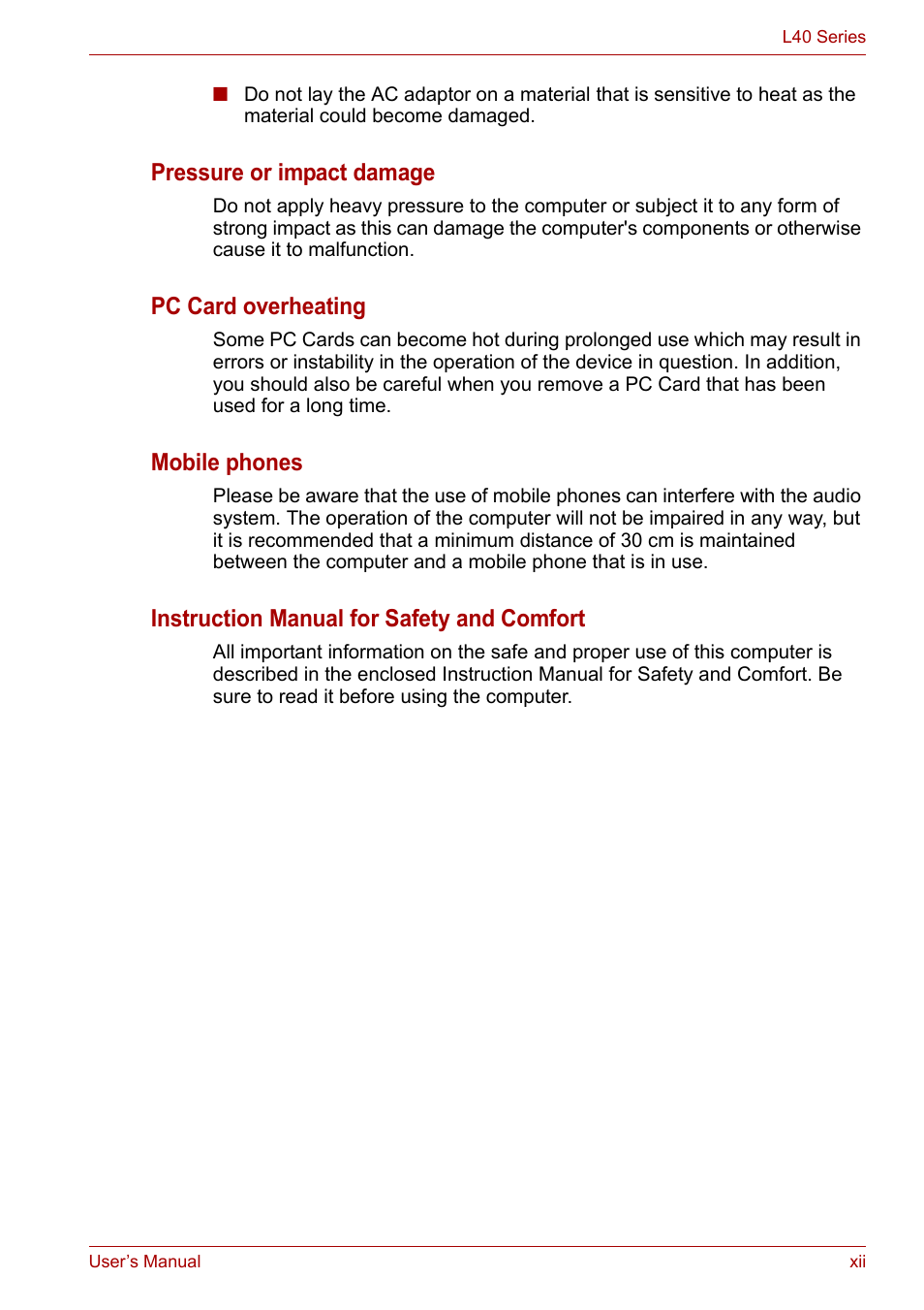 Pressure or impact damage, Pc card overheating, Mobile phones | Instruction manual for safety and comfort | Toshiba Equium L40 User Manual | Page 12 / 126