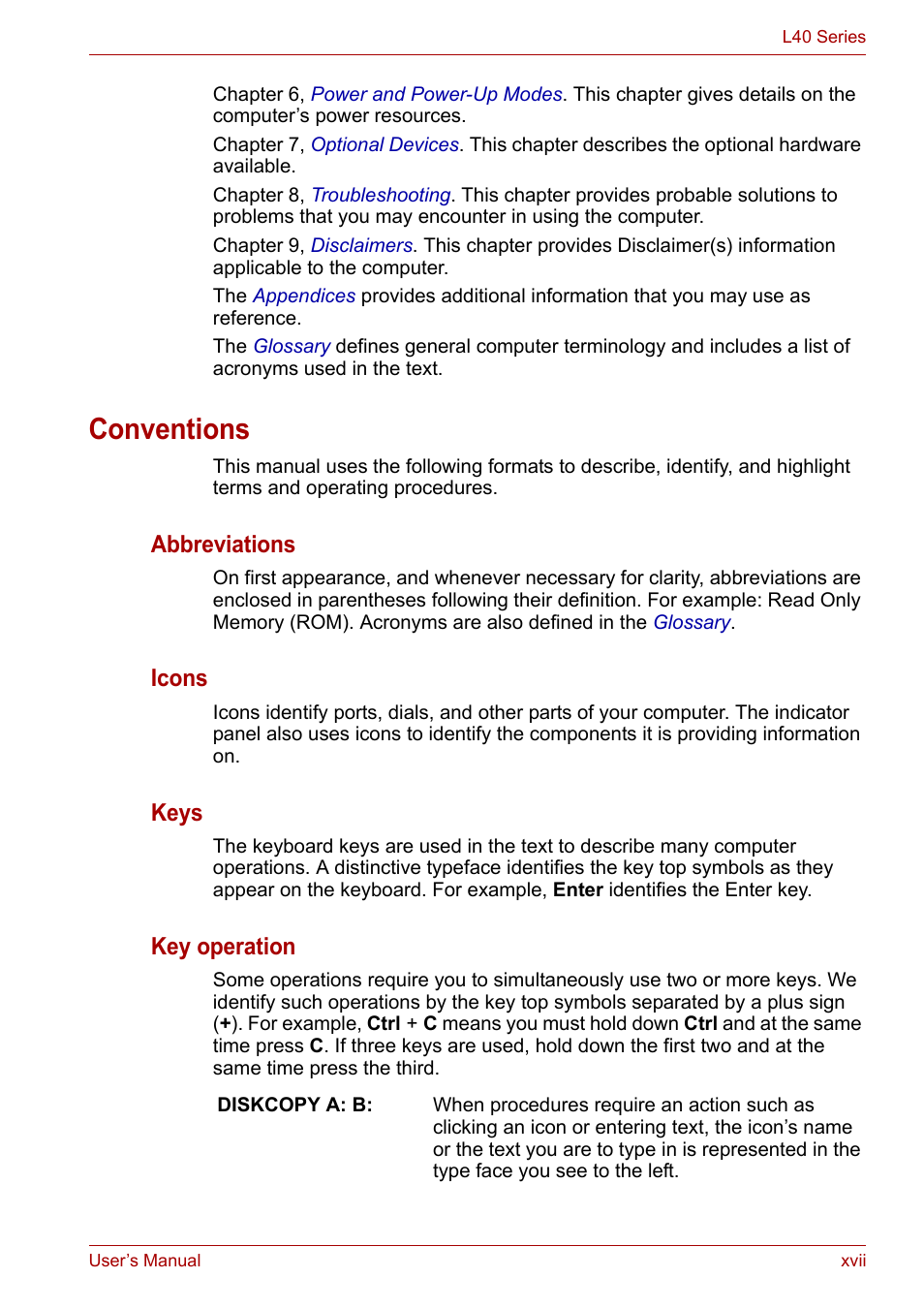 Conventions, Abbreviations, Icons | Keys, Key operation | Toshiba Equium L40 User Manual | Page 17 / 126