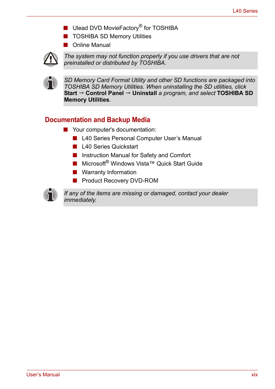 Documentation and backup media | Toshiba Equium L40 User Manual | Page 19 / 126