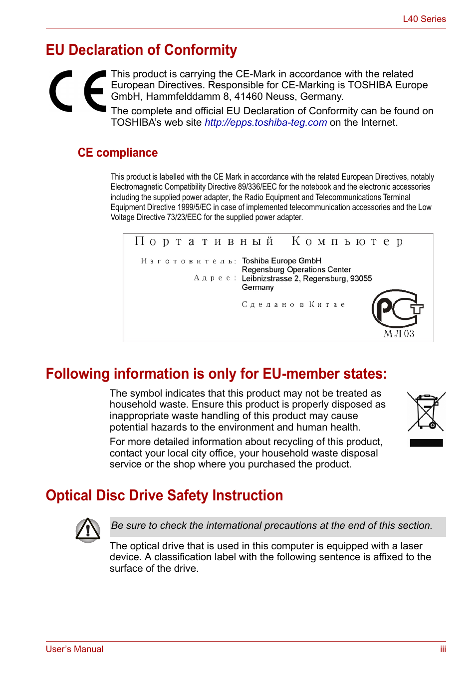 Eu declaration of conformity, Following information is only for eu-member states, Optical disc drive safety instruction | Toshiba Equium L40 User Manual | Page 3 / 126