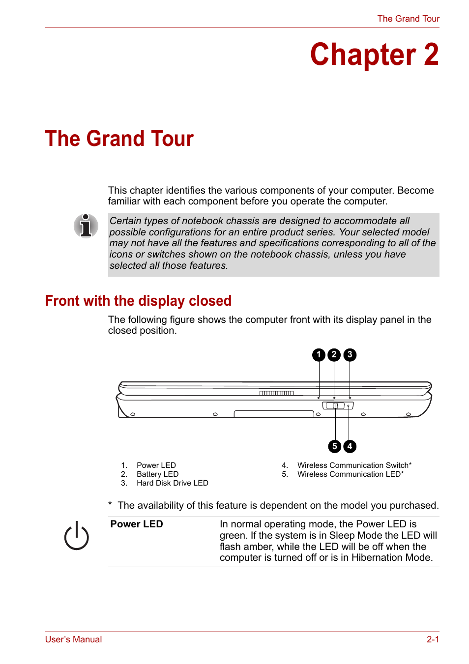 Chapter 2: the grand tour, Front with the display closed, Chapter 2 | The grand tour, Front with the display closed -1 | Toshiba Equium L40 User Manual | Page 30 / 126