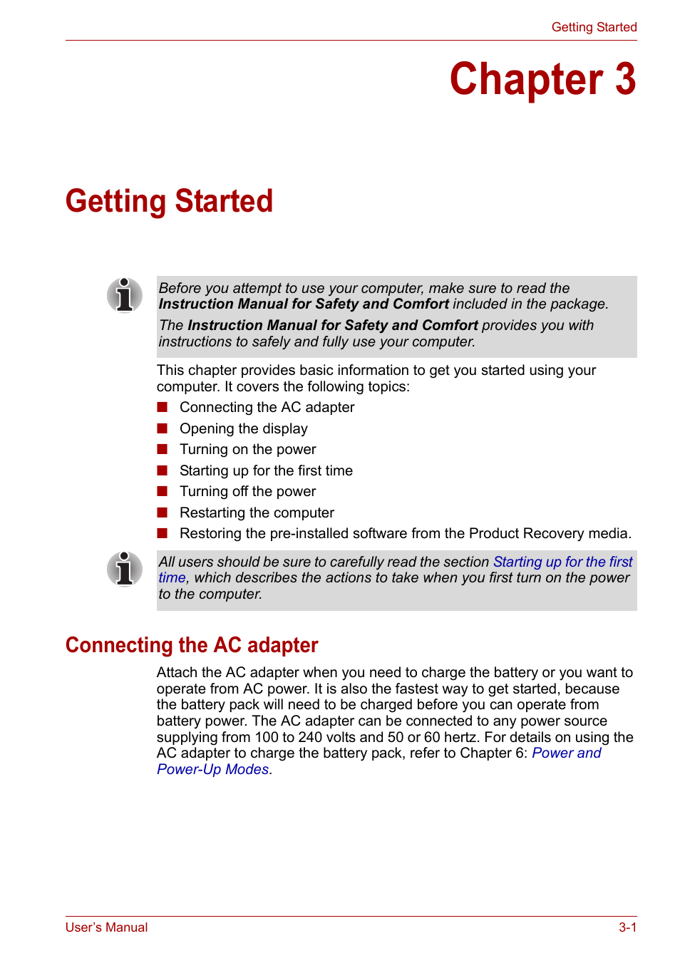 Chapter 3: getting started, Connecting the ac adapter, Chapter 3 | Getting started, Connecting the ac adapter -1 | Toshiba Equium L40 User Manual | Page 40 / 126