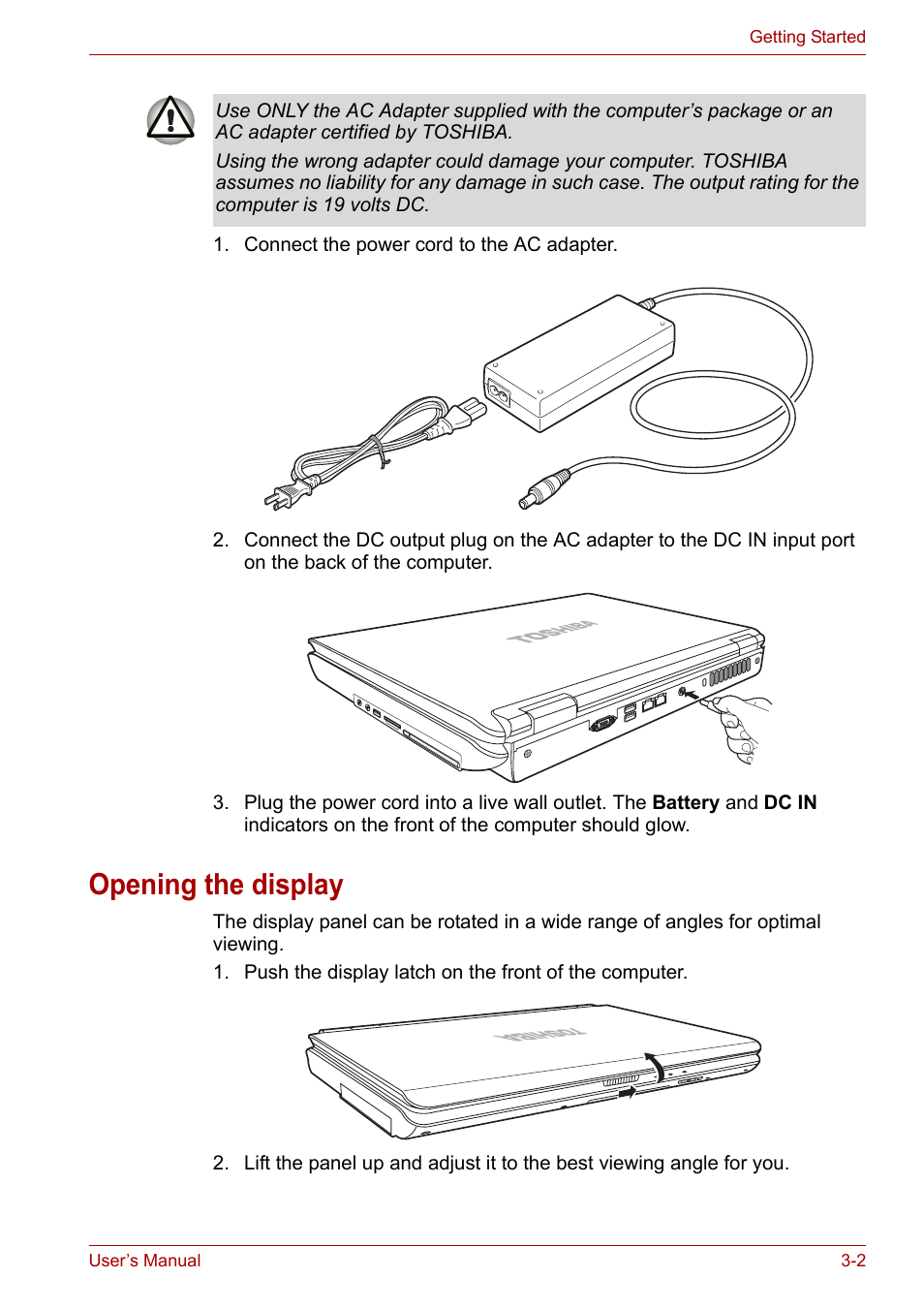 Opening the display, Opening the display -2 | Toshiba Equium L40 User Manual | Page 41 / 126