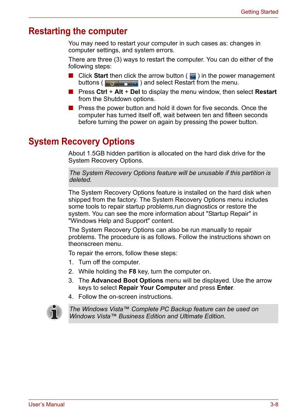 Restarting the computer, System recovery options | Toshiba Equium L40 User Manual | Page 47 / 126
