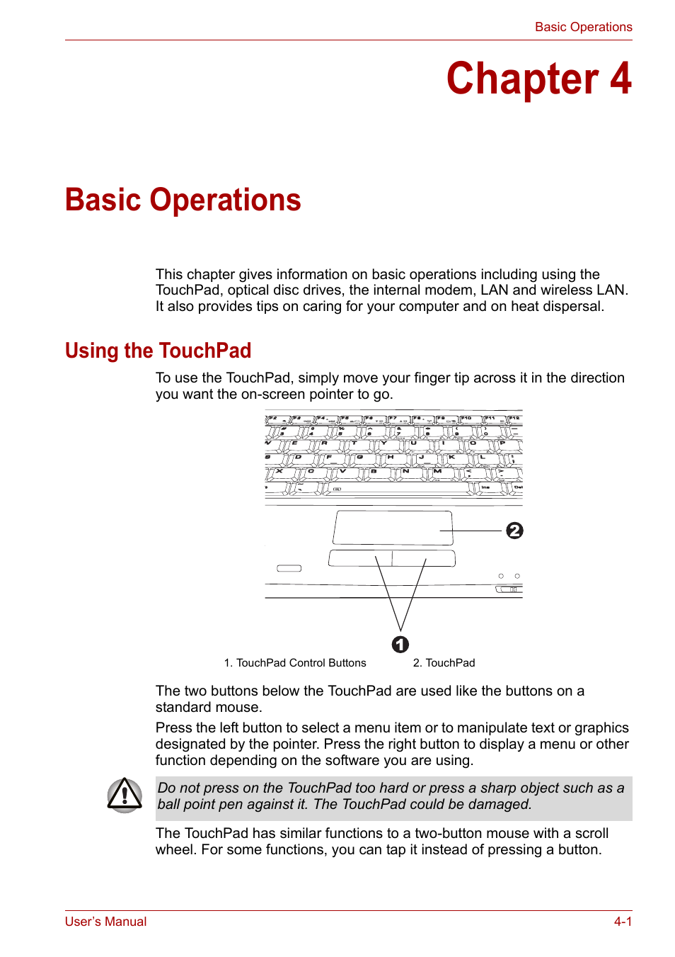 Chapter 4: basic operations, Using the touchpad, Chapter 4 | Basic operations, Using the touchpad -1 | Toshiba Equium L40 User Manual | Page 49 / 126