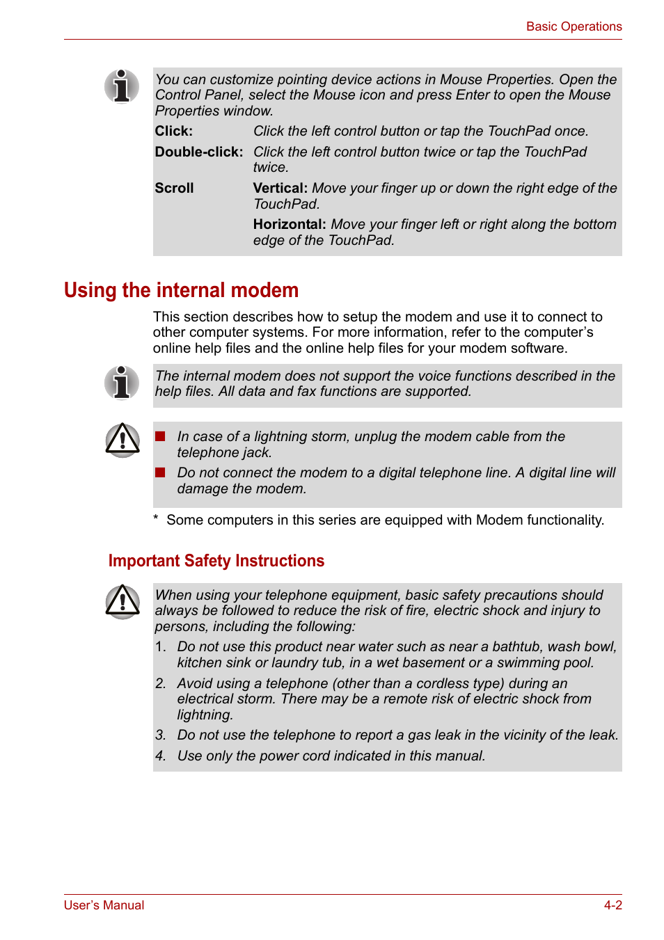 Using the internal modem, Using the internal modem -2, Important safety instructions | Toshiba Equium L40 User Manual | Page 50 / 126
