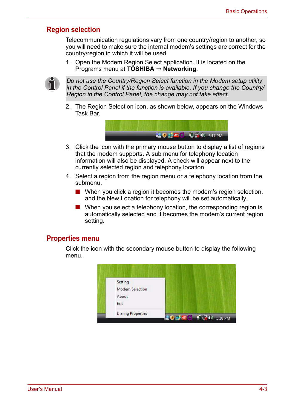 Region selection, Properties menu | Toshiba Equium L40 User Manual | Page 51 / 126