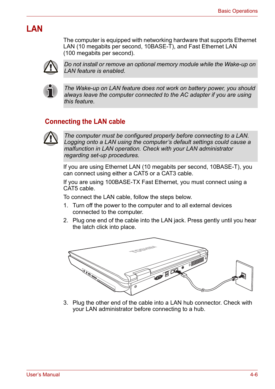 Lan -6, Connecting the lan cable | Toshiba Equium L40 User Manual | Page 54 / 126