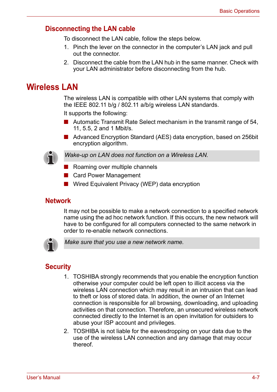 Wireless lan, Wireless lan -7, Disconnecting the lan cable | Network, Security | Toshiba Equium L40 User Manual | Page 55 / 126
