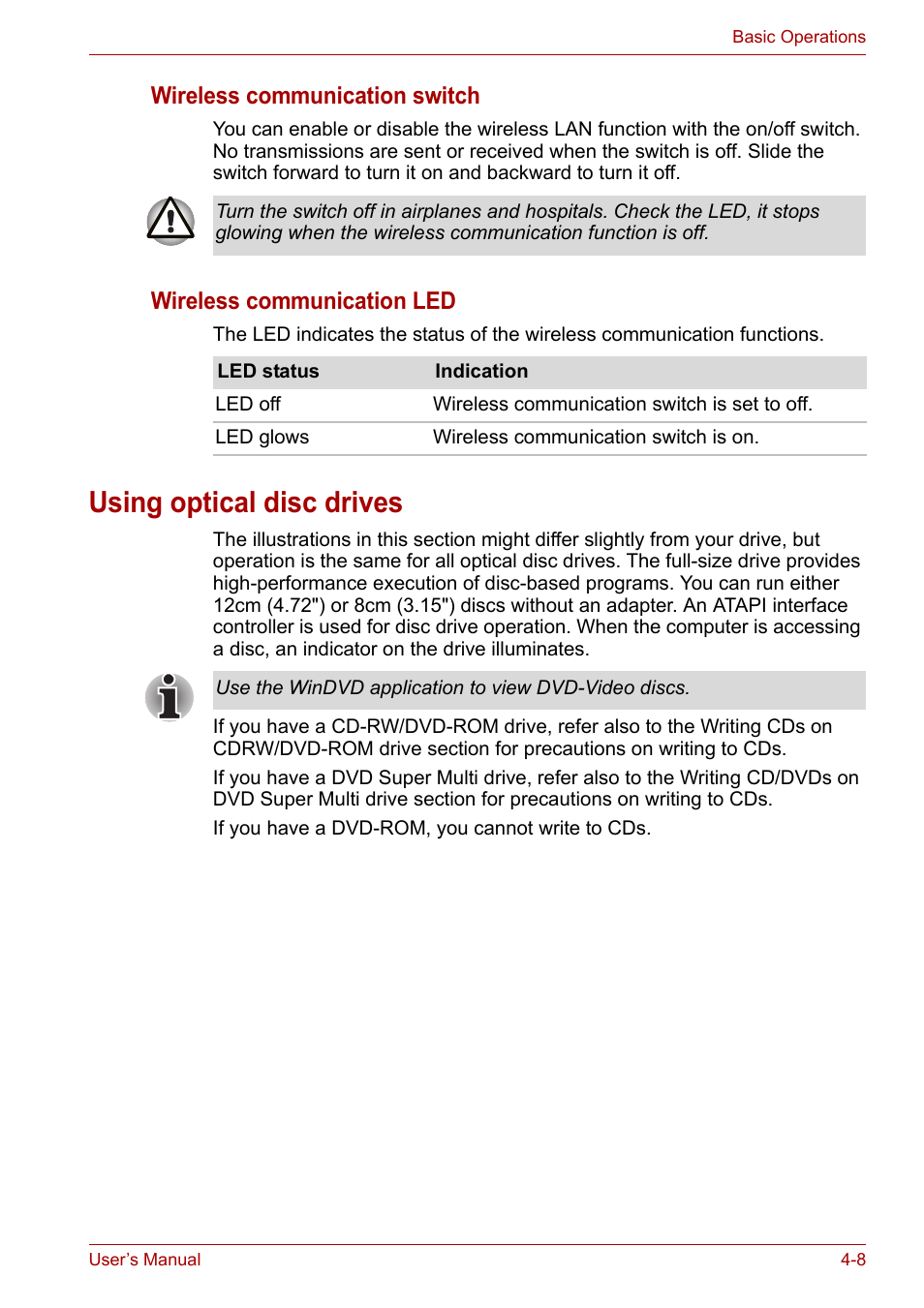 Using optical disc drives, Using optical disc drives -8, Wireless communication switch | Wireless communication led | Toshiba Equium L40 User Manual | Page 56 / 126