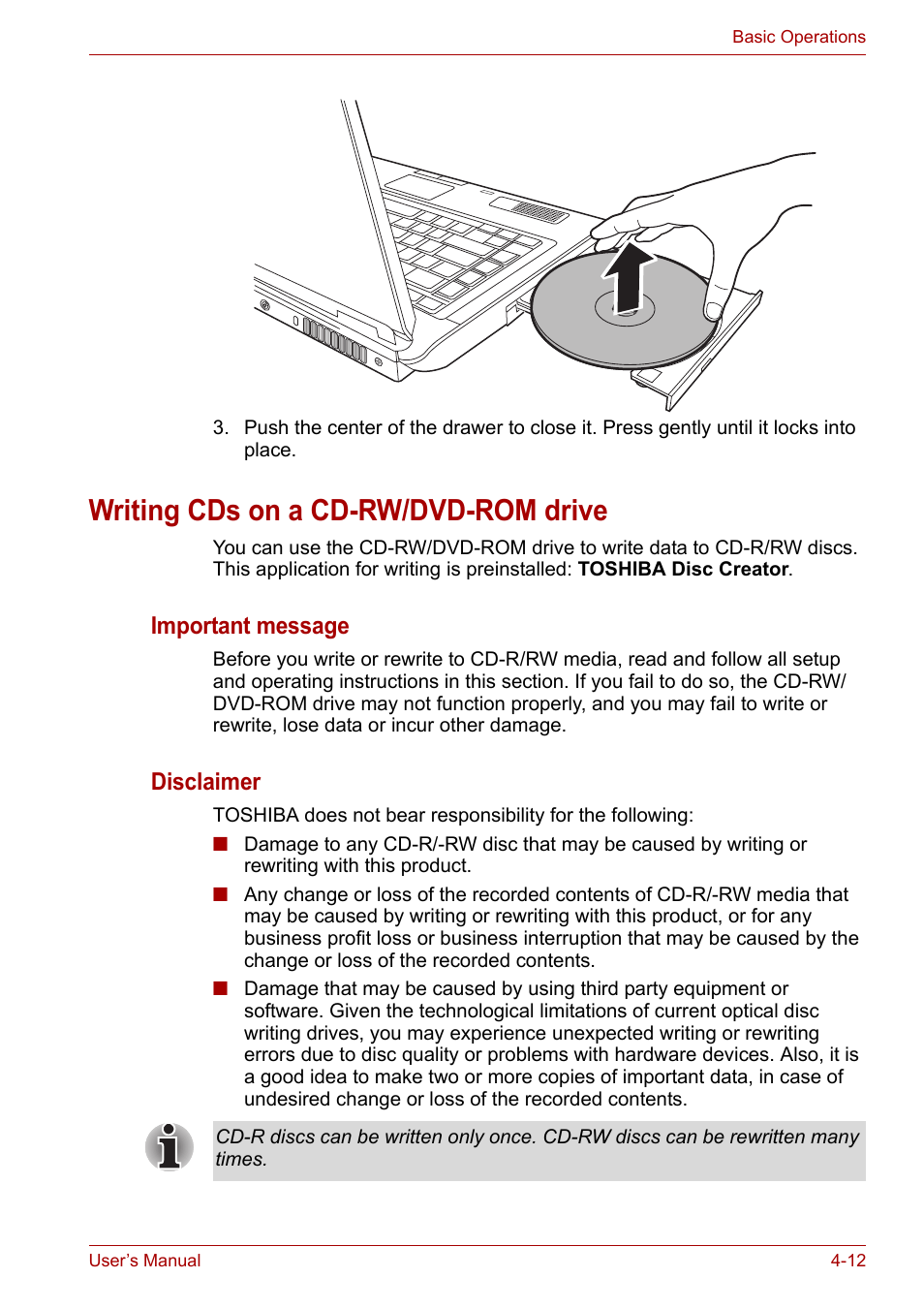 Writing cds on a cd-rw/dvd-rom drive, Writing cds on a cd-rw/dvd-rom drive -12, Important message | Disclaimer | Toshiba Equium L40 User Manual | Page 60 / 126