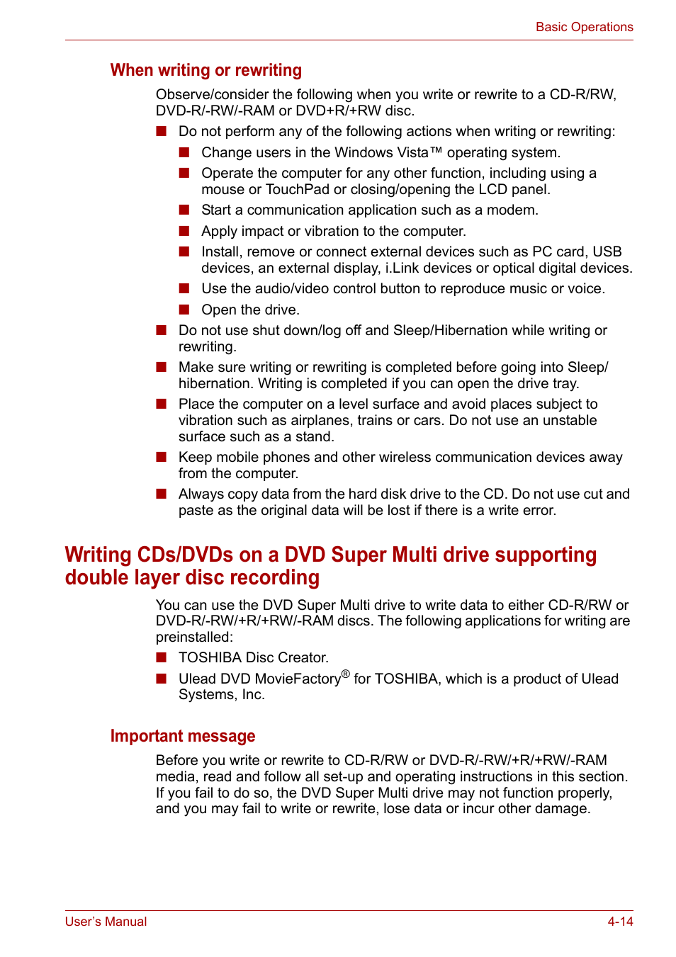 When writing or rewriting, Important message | Toshiba Equium L40 User Manual | Page 62 / 126