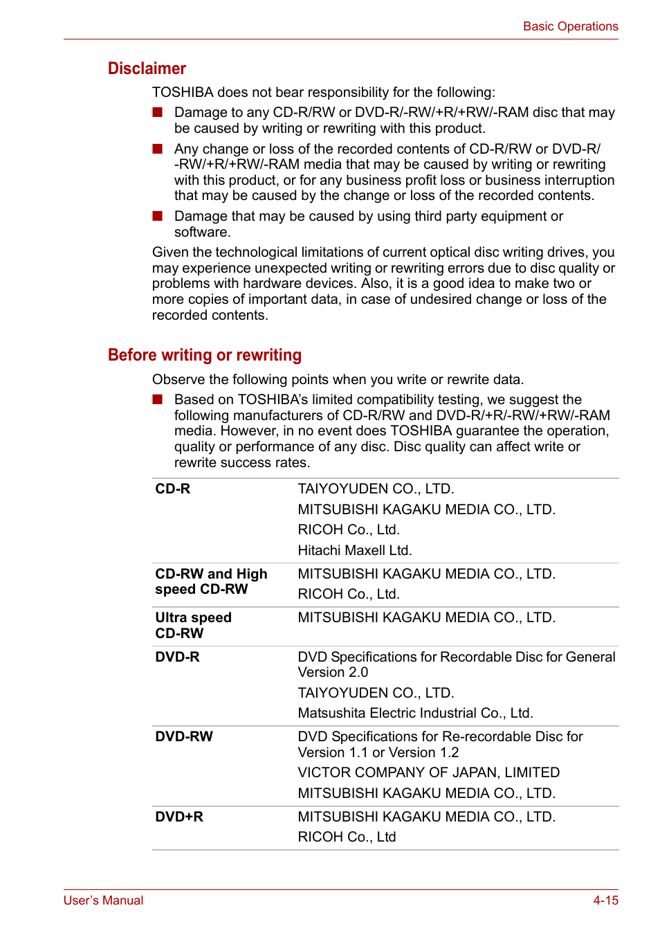 Disclaimer, Before writing or rewriting | Toshiba Equium L40 User Manual | Page 63 / 126