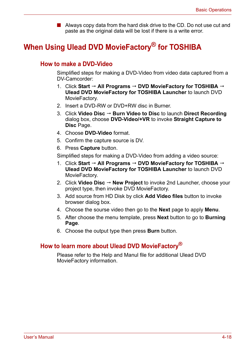 When using ulead dvd moviefactory® for toshiba, When using ulead dvd moviefactory® for toshiba -18, When using ulead dvd moviefactory | For toshiba | Toshiba Equium L40 User Manual | Page 66 / 126