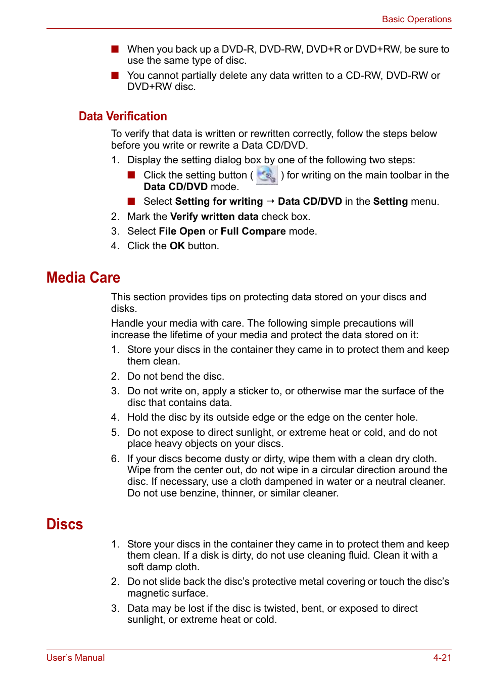 Media care, Discs, Media care -21 discs -21 | Data verification | Toshiba Equium L40 User Manual | Page 69 / 126