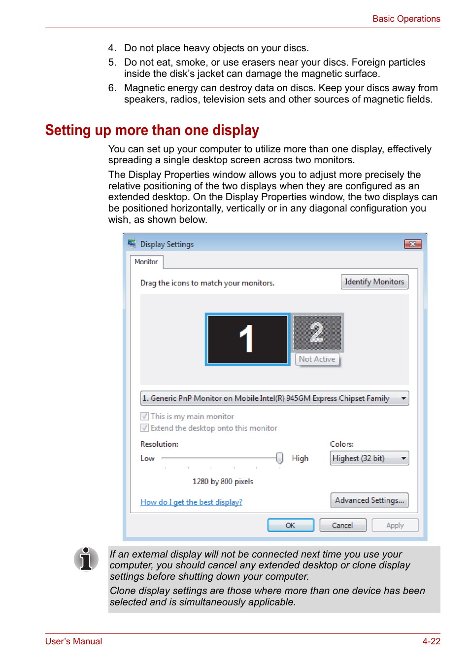 Setting up more than one display, Setting up more than one display -22 | Toshiba Equium L40 User Manual | Page 70 / 126