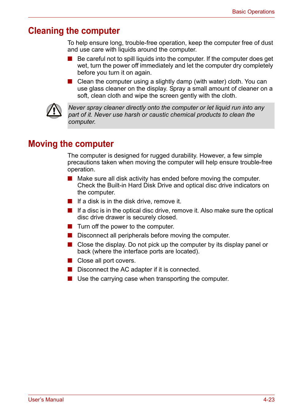 Cleaning the computer, Moving the computer, Cleaning the computer -23 moving the computer -23 | Toshiba Equium L40 User Manual | Page 71 / 126