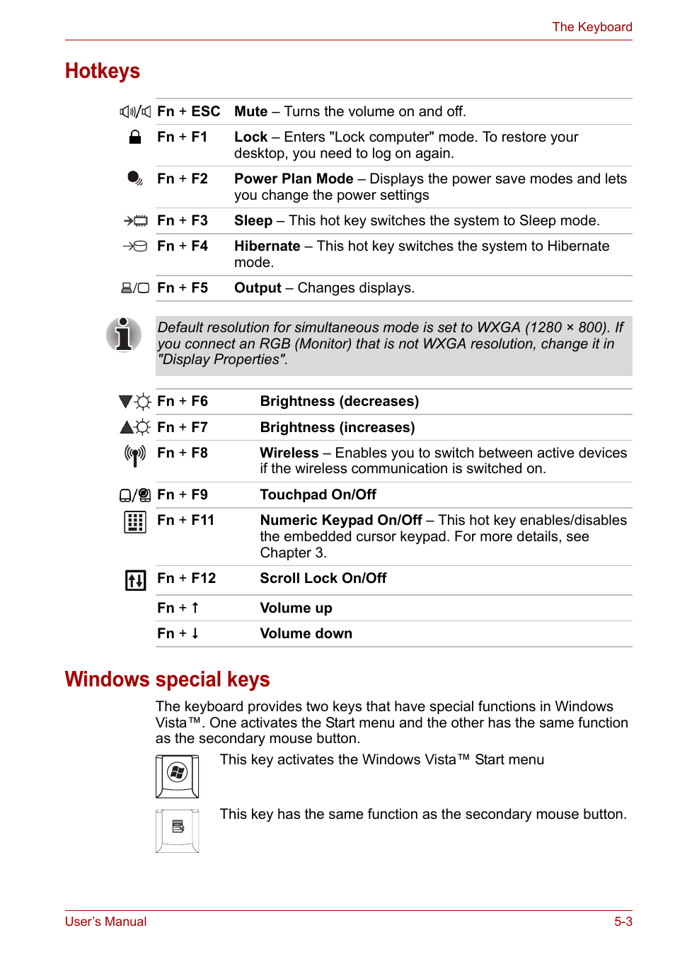 Hotkeys, Windows special keys, Hotkeys -3 windows special keys -3 | Hotkeys windows special keys | Toshiba Equium L40 User Manual | Page 74 / 126