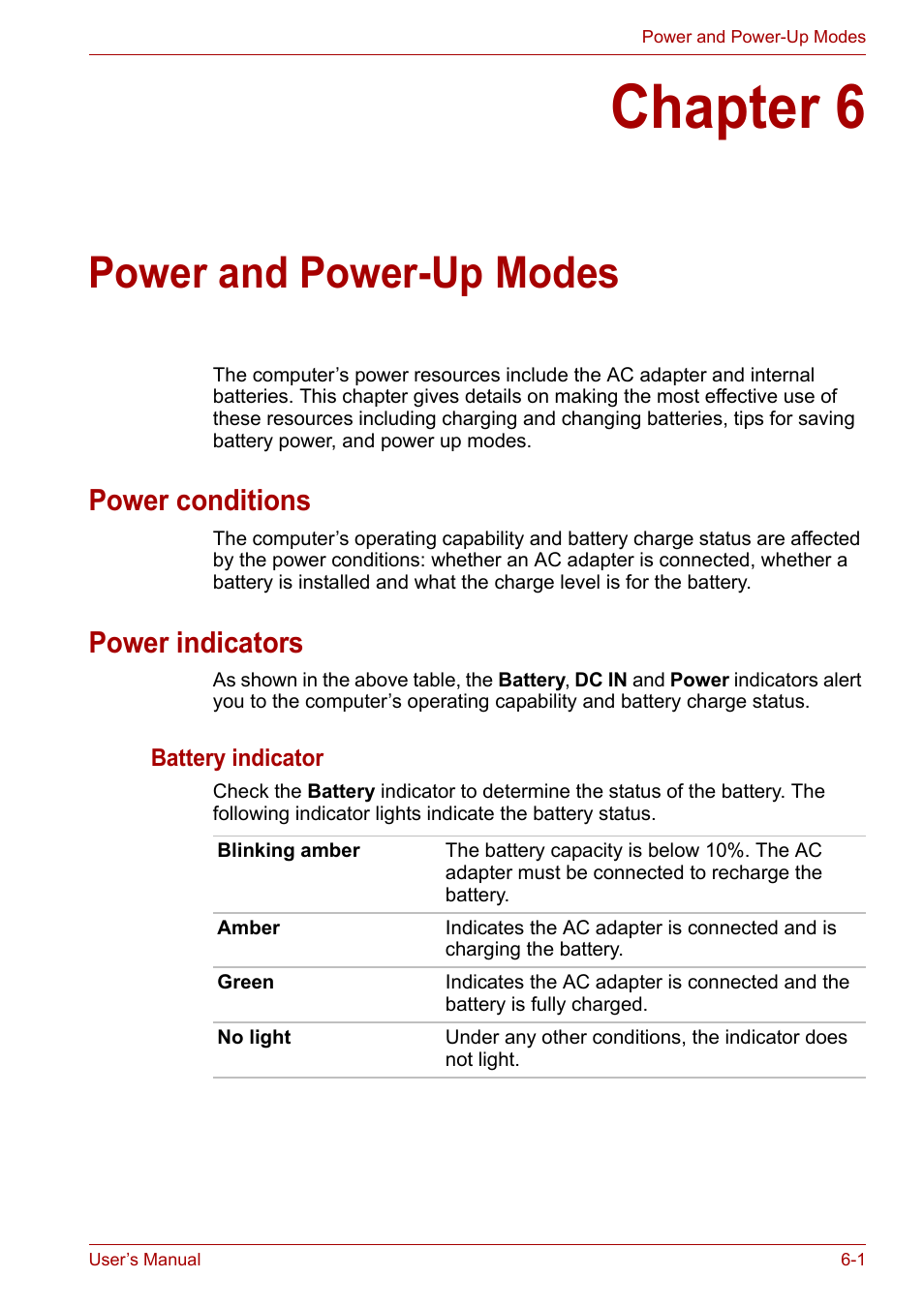 Chapter 6: power and power-up modes, Power conditions, Power indicators | Chapter 6, Power and power-up modes, Power conditions -1 power indicators -1, Power and, Power-up modes | Toshiba Equium L40 User Manual | Page 77 / 126