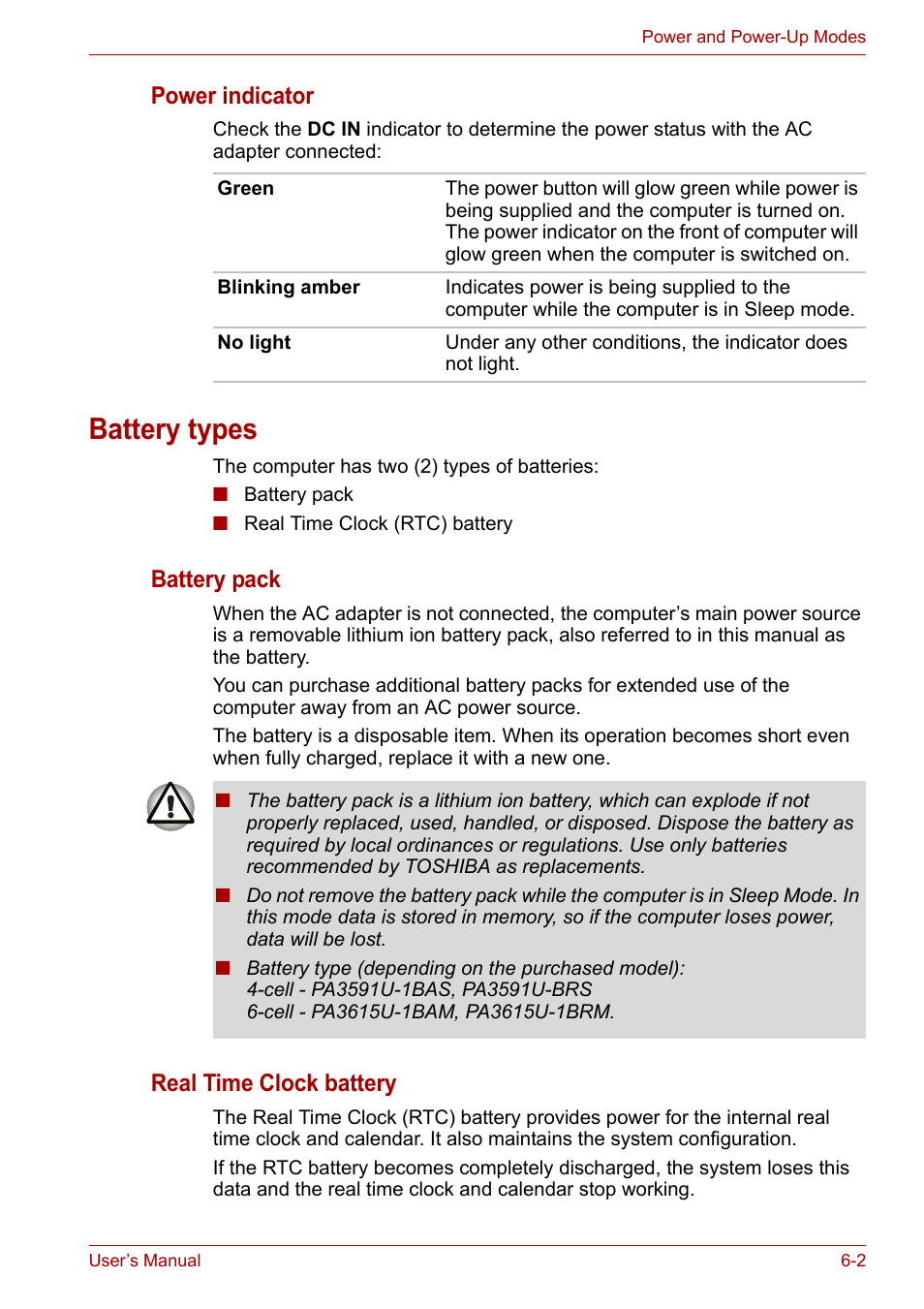 Battery types, Battery types -2, Power indicator | Battery pack, Real time clock battery | Toshiba Equium L40 User Manual | Page 78 / 126