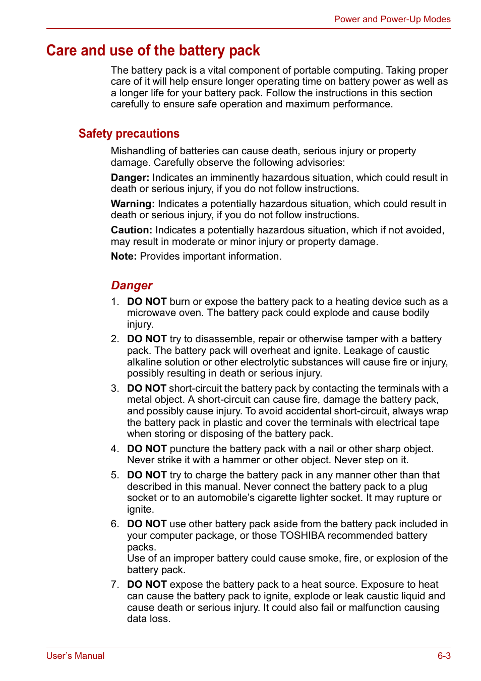 Care and use of the battery pack, Care and use of the battery pack -3, Safety precautions | Toshiba Equium L40 User Manual | Page 79 / 126