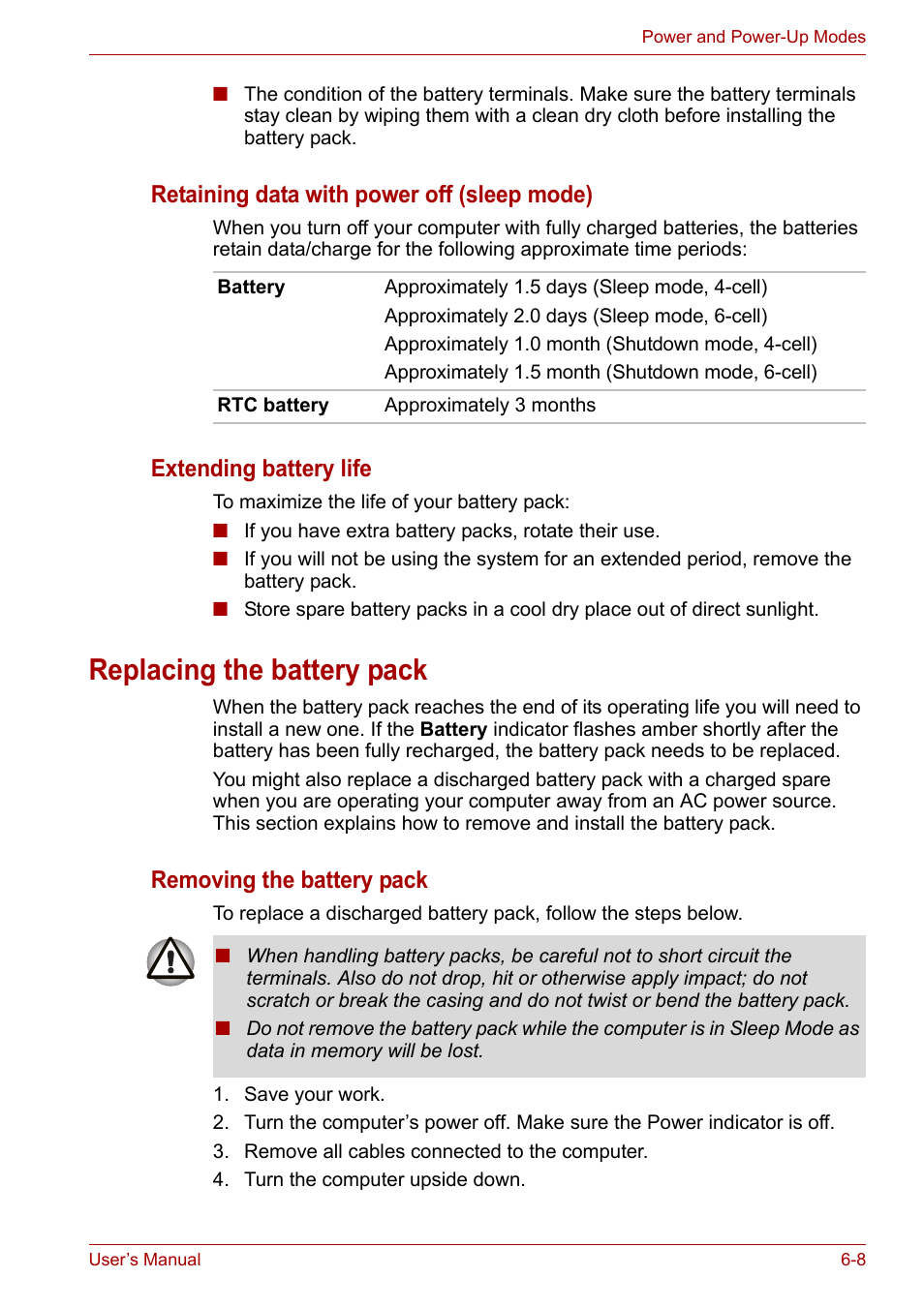 Replacing the battery pack, Replacing the battery pack -8, Retaining data with power off (sleep mode) | Extending battery life, Removing the battery pack | Toshiba Equium L40 User Manual | Page 84 / 126