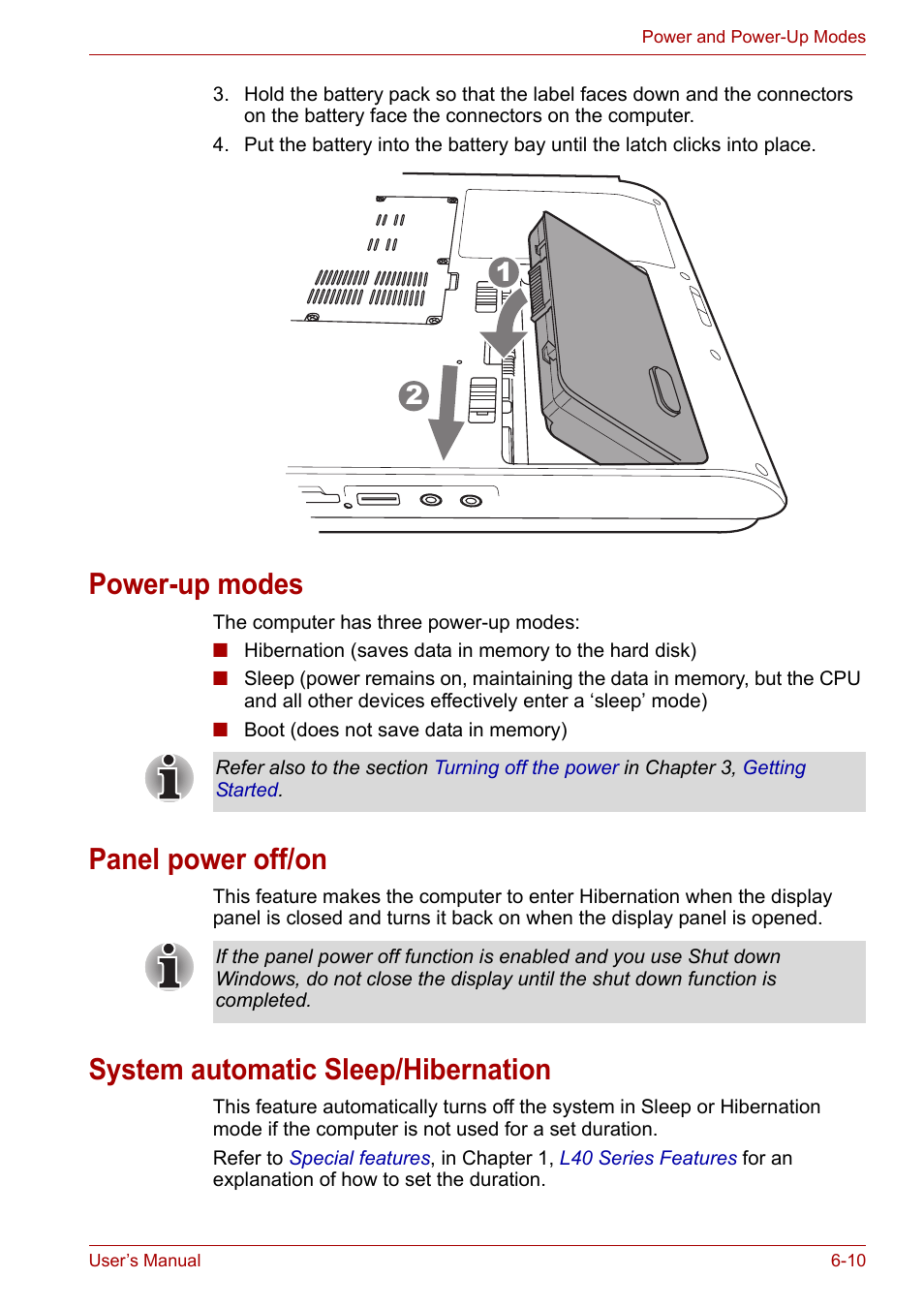 Power-up modes, Panel power off/on, System automatic sleep/hibernation | Toshiba Equium L40 User Manual | Page 86 / 126