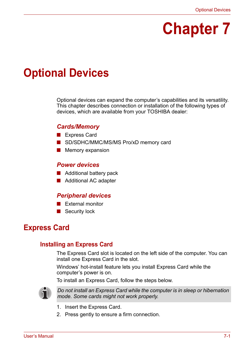 Chapter 7: optional devices, Express card, Chapter 7 | Optional devices, Express card -1, Optional, Devices | Toshiba Equium L40 User Manual | Page 87 / 126