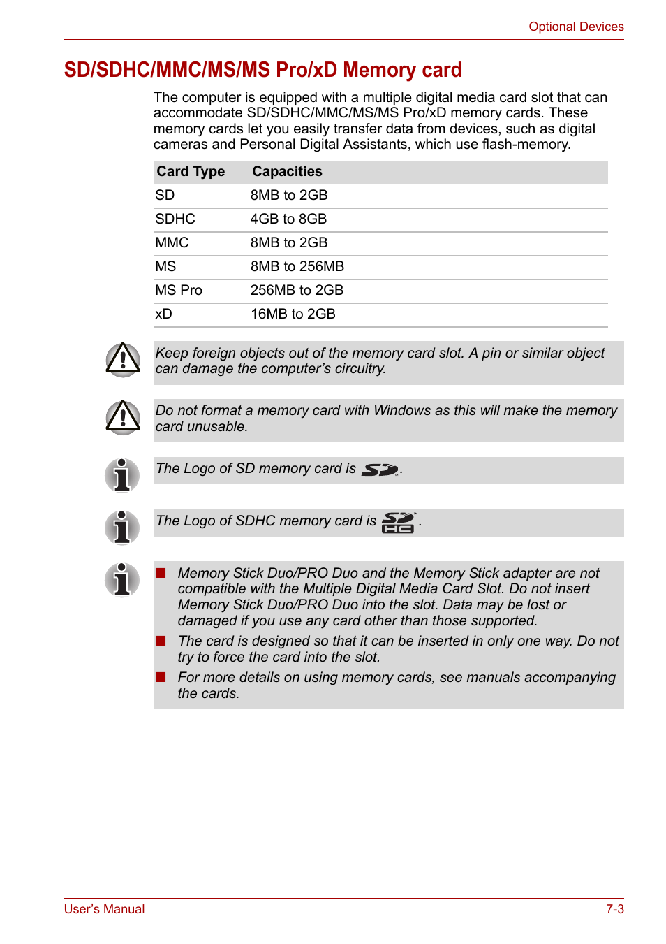 Sd/sdhc/mmc/ms/ms pro/xd memory card, Sd/sdhc/mmc/ms/ms pro/xd memory card -3 | Toshiba Equium L40 User Manual | Page 89 / 126