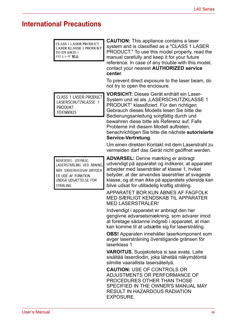 International precautions | Toshiba Equium L40 User Manual | Page 9 / 126