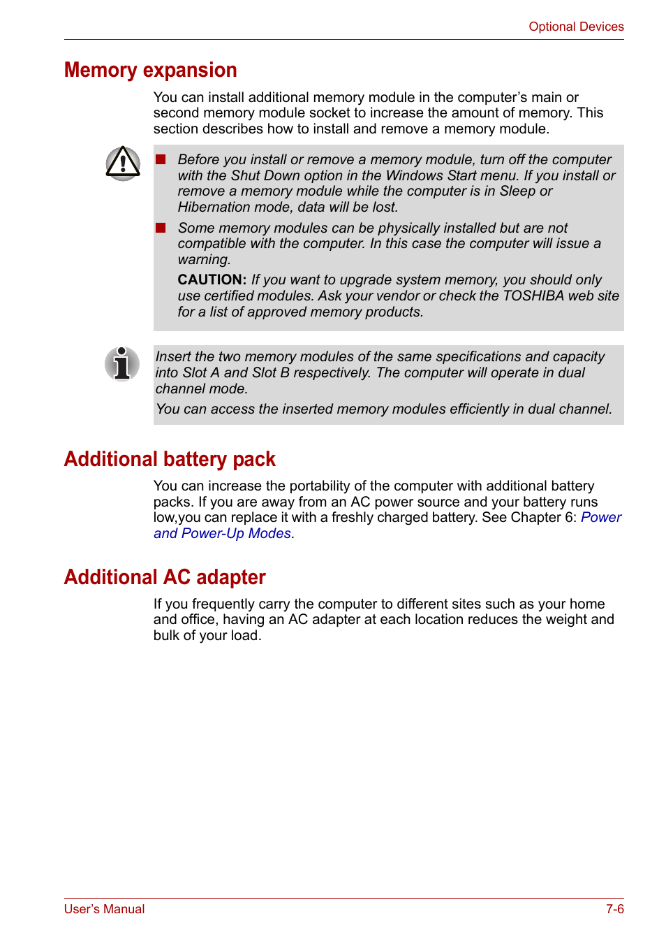 Memory expansion, Additional battery pack, Additional ac adapter | Toshiba Equium L40 User Manual | Page 92 / 126