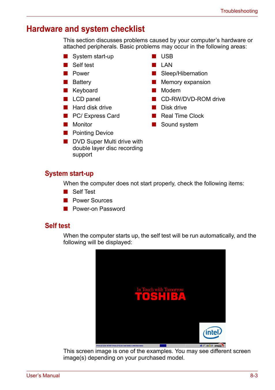 Hardware and system checklist, Hardware and system checklist -3, System start-up | Self test | Toshiba Equium L40 User Manual | Page 96 / 126