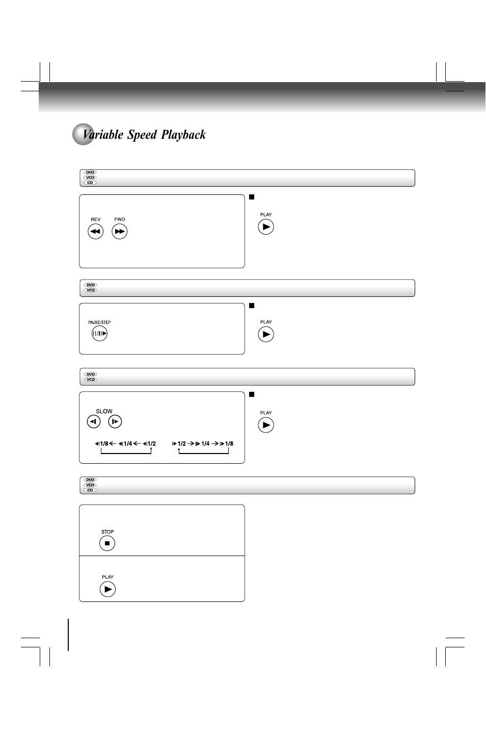 Variable speed playback, Playing in fast reverse or fast forward directions, Playing in slow-motion | Toshiba SD590 User Manual | Page 18 / 40