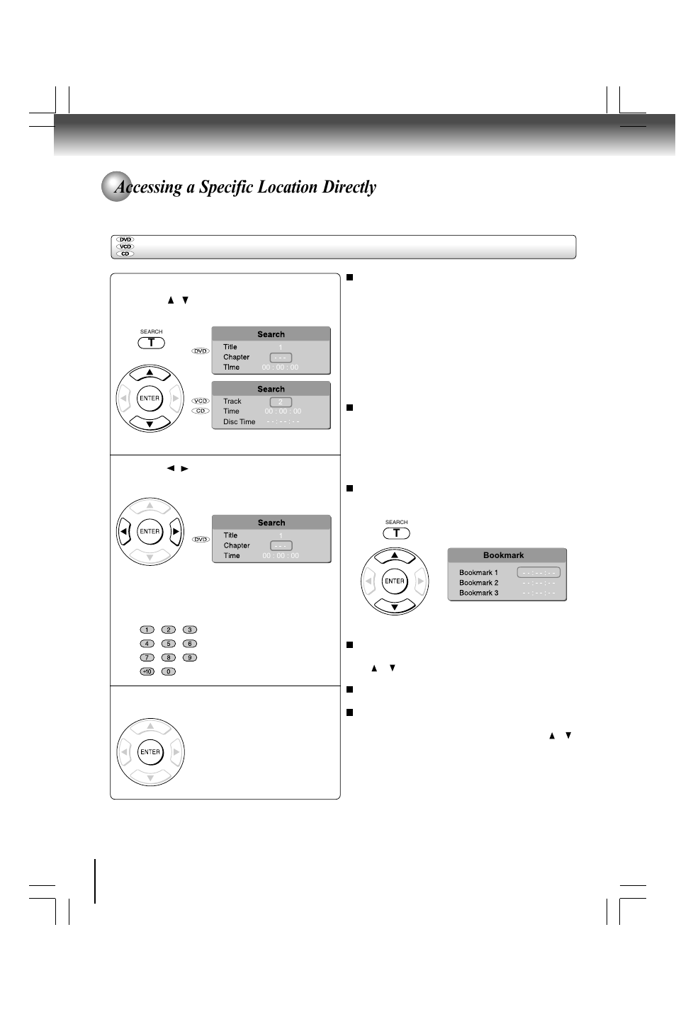 Accessing a specific location directly, Locating a specific title/chapter/time | Toshiba SD590 User Manual | Page 20 / 40