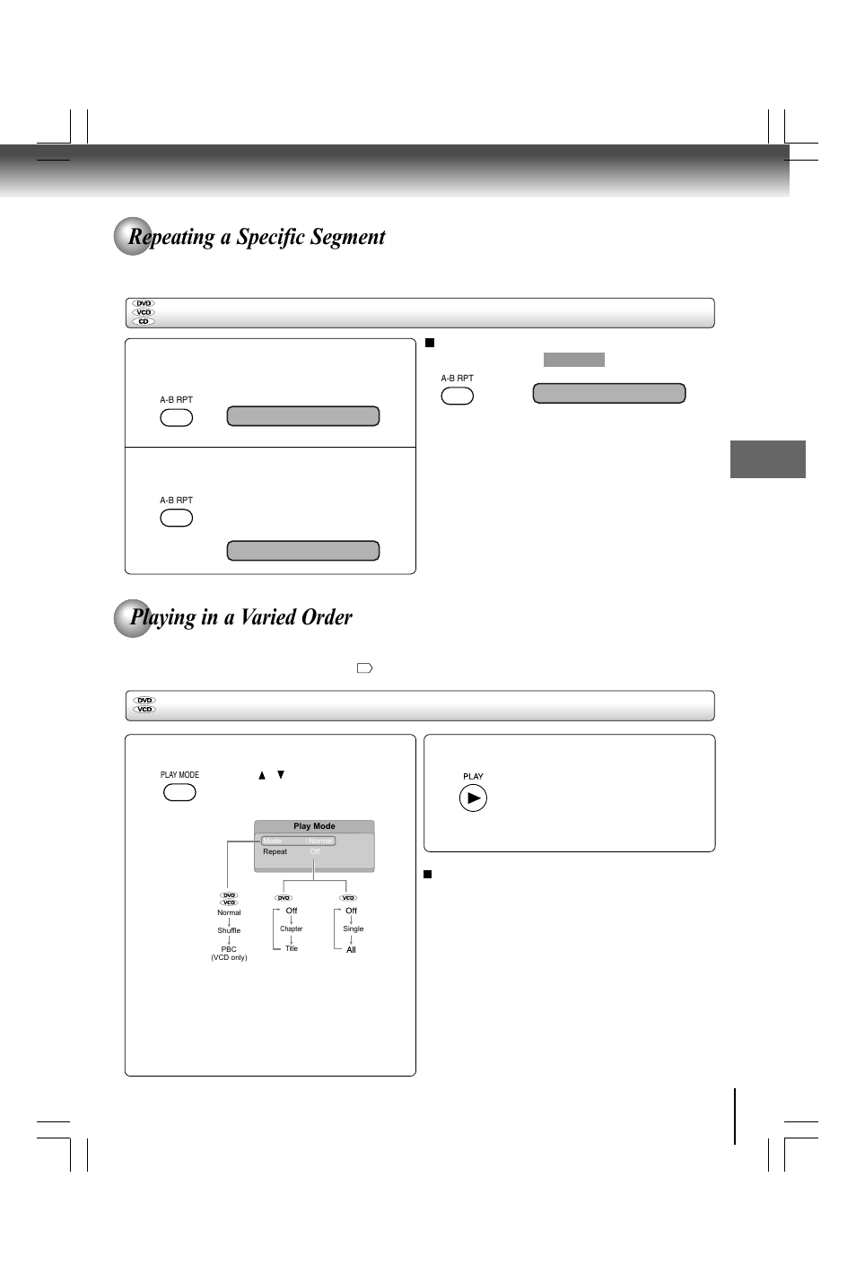 Repeating a specific segment, Playing in a varied order | Toshiba SD590 User Manual | Page 21 / 40