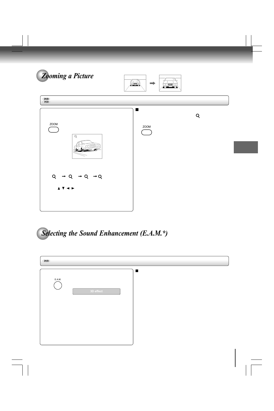 Zooming a picture, Selecting the sound enhancement (e.a.m.*), Zooming a picture selecting the sound enhancement | Toshiba SD590 User Manual | Page 23 / 40