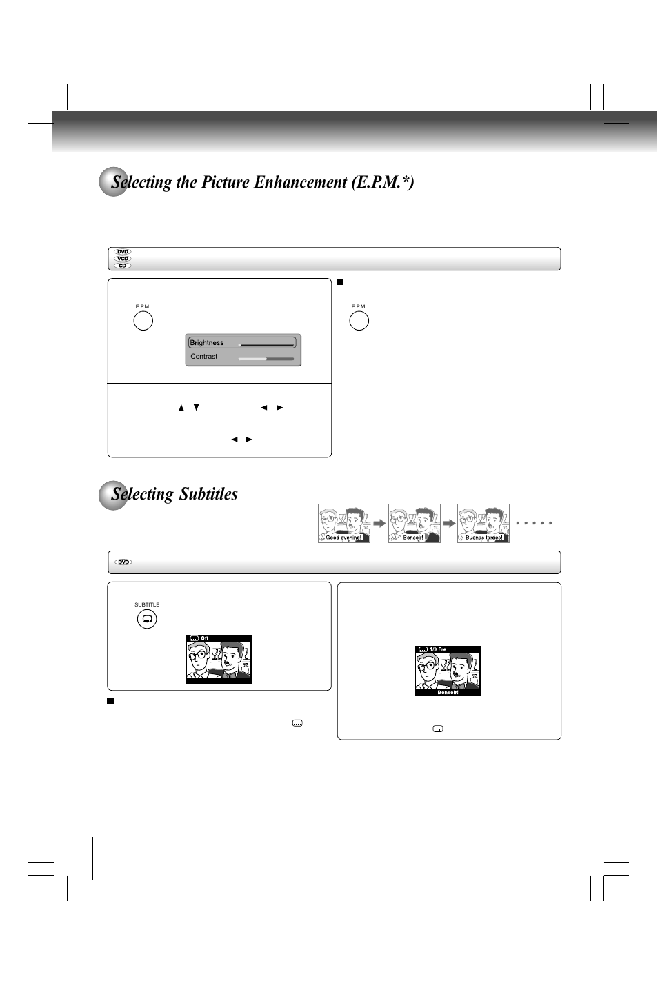 Selecting the picture enhancement (e.p.m.*), Selecting subtitles, Selecting the picture enhancement | Selecting a subtitle language | Toshiba SD590 User Manual | Page 24 / 40