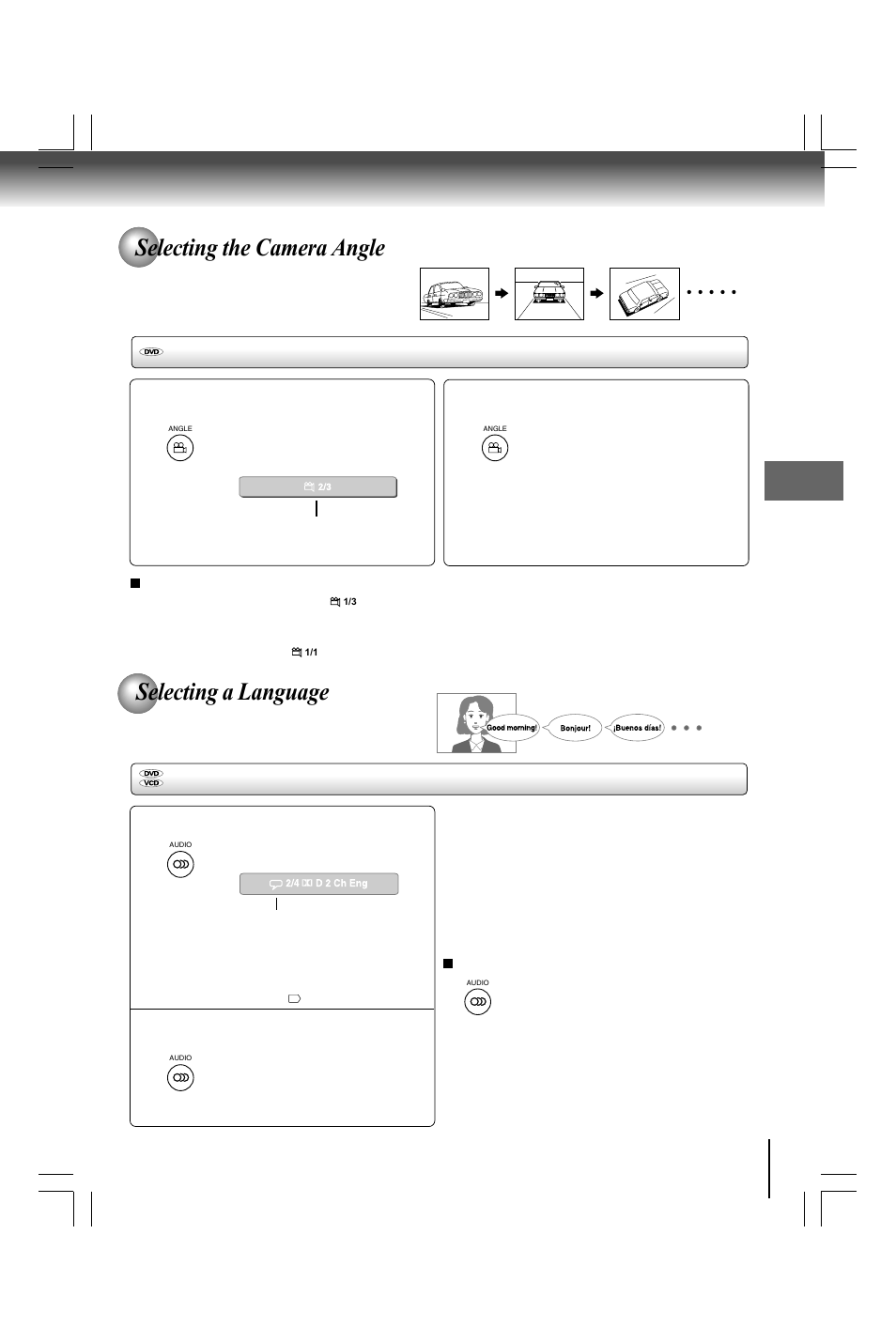 Selecting the camera angle, Selecting a language, Changing the camera angle | Selecting a playback audio setting | Toshiba SD590 User Manual | Page 25 / 40