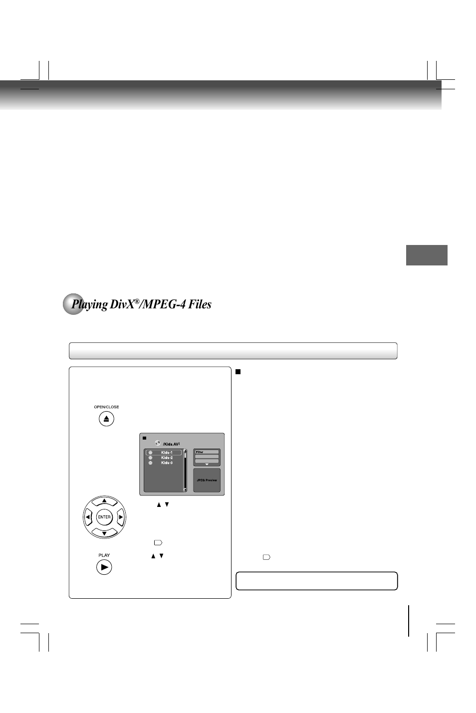 Playing divx, Mpeg-4 files, Jpeg files compatibility | Toshiba SD590 User Manual | Page 29 / 40