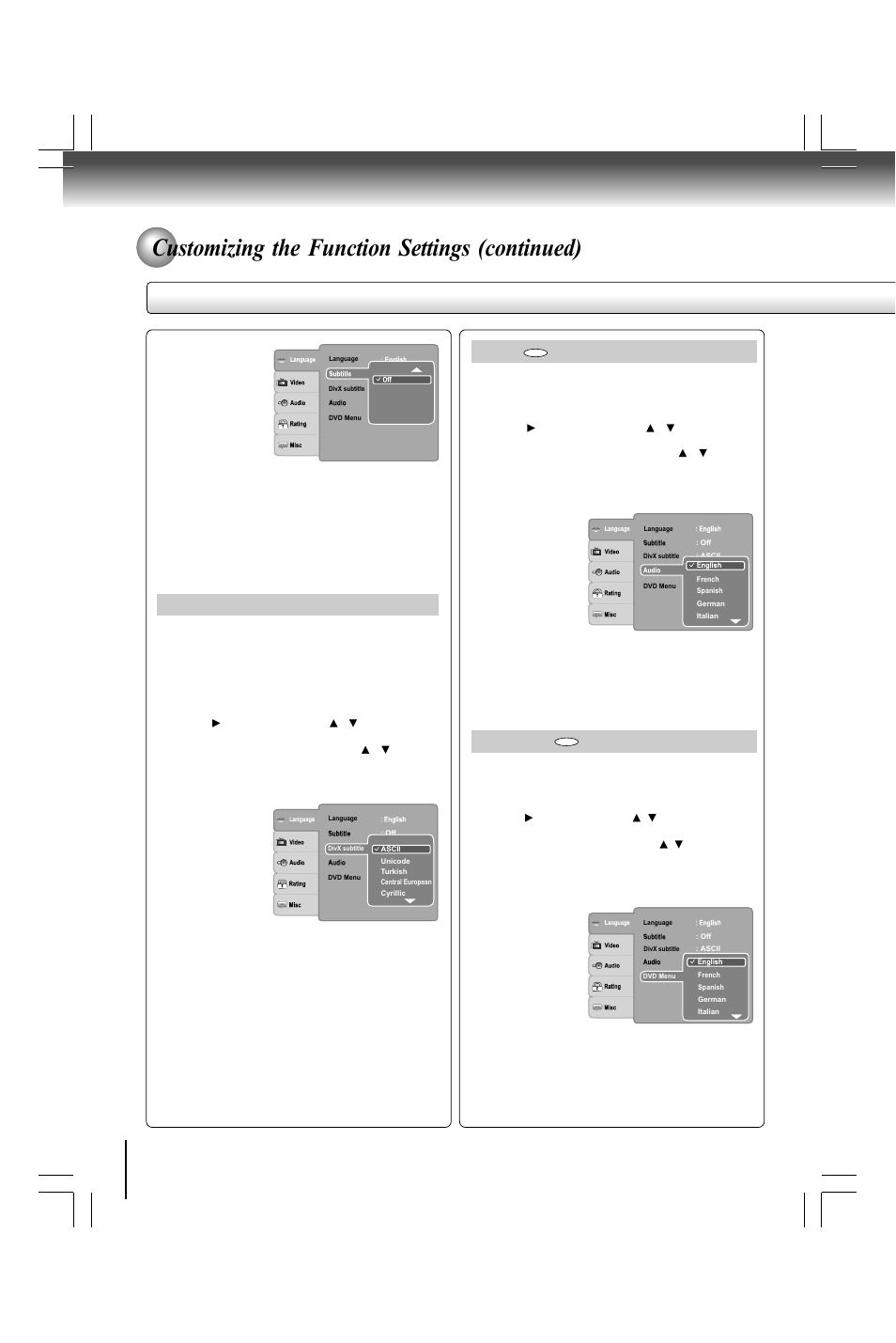 Customizing the function settings (continued), Setting details, Divx | Subtitle, Dvd menu, Audio | Toshiba SD590 User Manual | Page 32 / 40