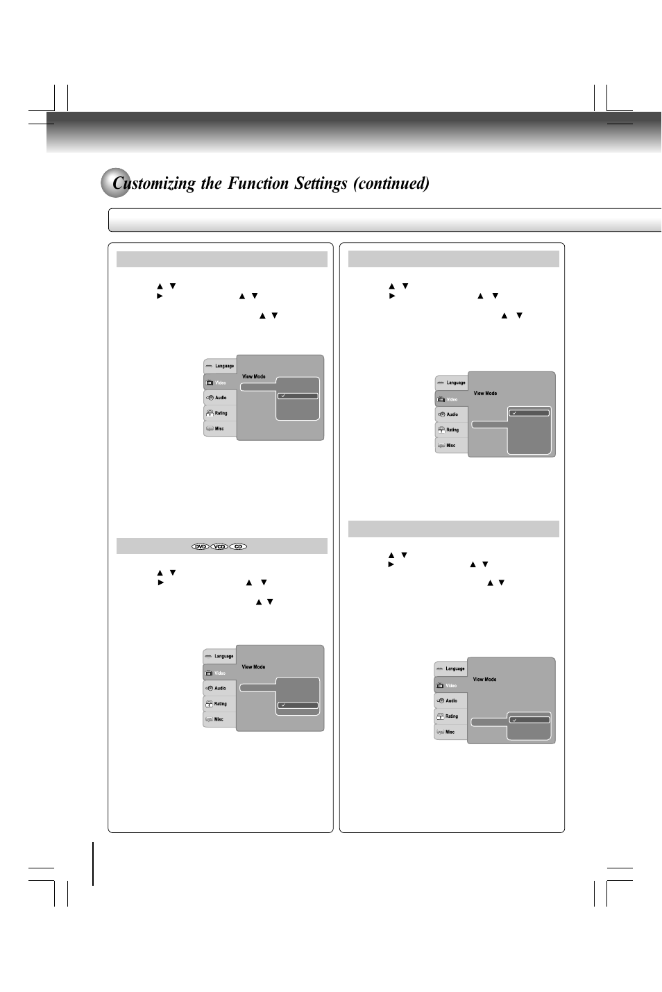 Customizing the function settings (continued), Setting details, Video out | Hdmi resolution, Hd jpeg mode, Tv system | Toshiba SD590 User Manual | Page 34 / 40