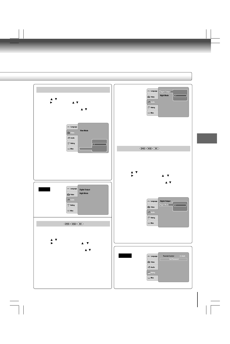 Night mode, Digital output, Jpeg interval | Toshiba SD590 User Manual | Page 35 / 40