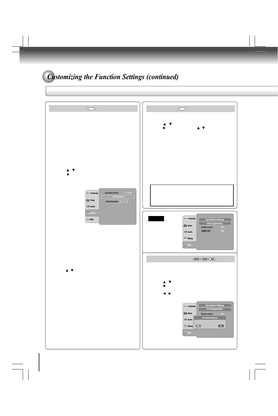 Customizing the function settings (continued), Setting details, Set password | Use default settings, Parental control | Toshiba SD590 User Manual | Page 36 / 40