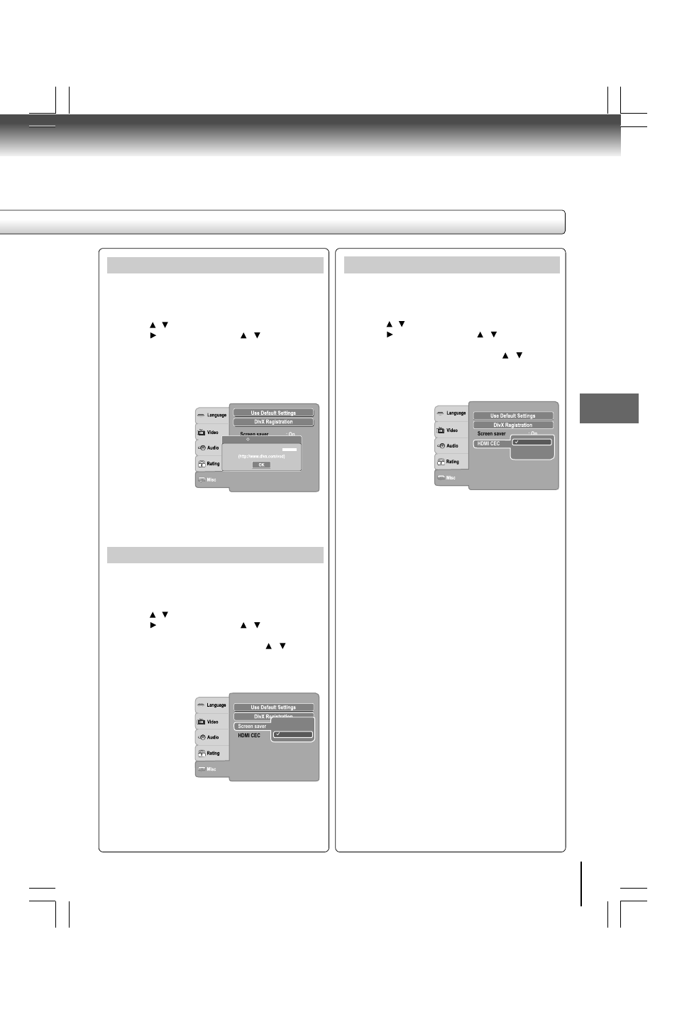 Divx, Registration, Screen saver | Hdmi cec | Toshiba SD590 User Manual | Page 37 / 40