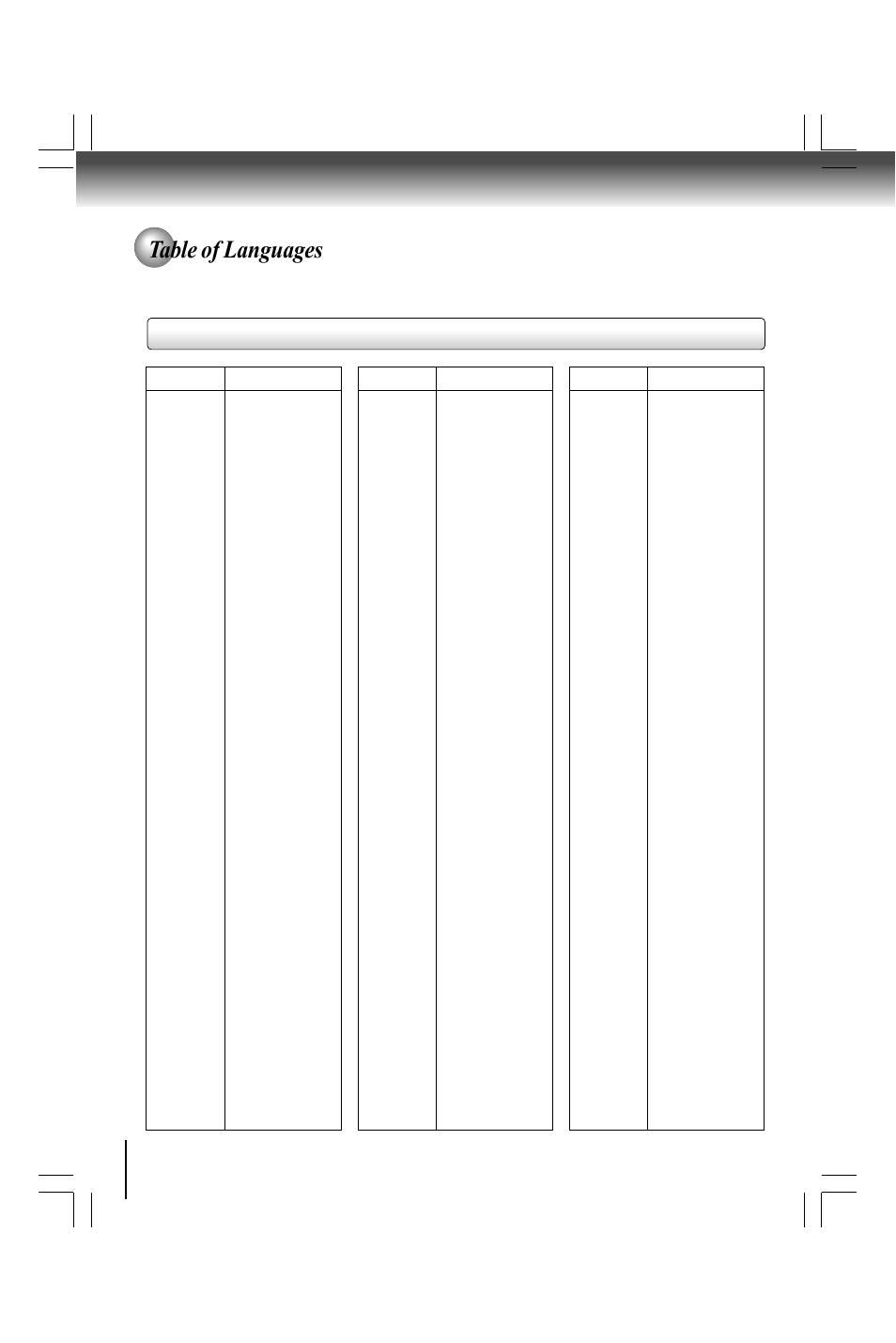 Table of languages, Table of languages and their abbreviations | Toshiba SD590 User Manual | Page 38 / 40