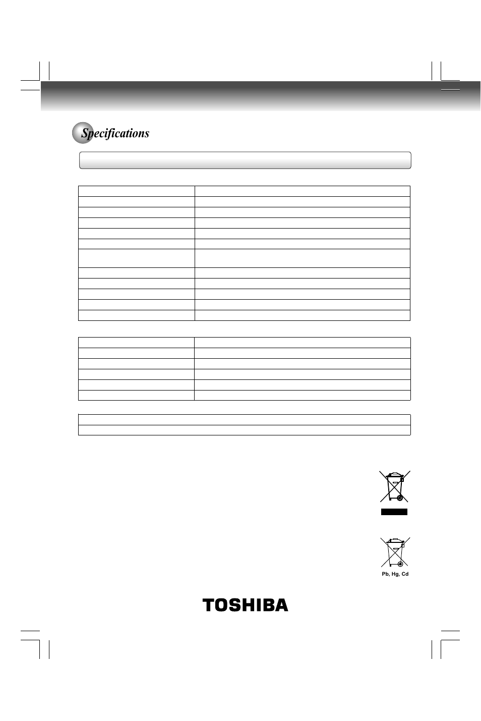 Specifications, Dvd player / outputs / supplied accessories | Toshiba SD590 User Manual | Page 40 / 40