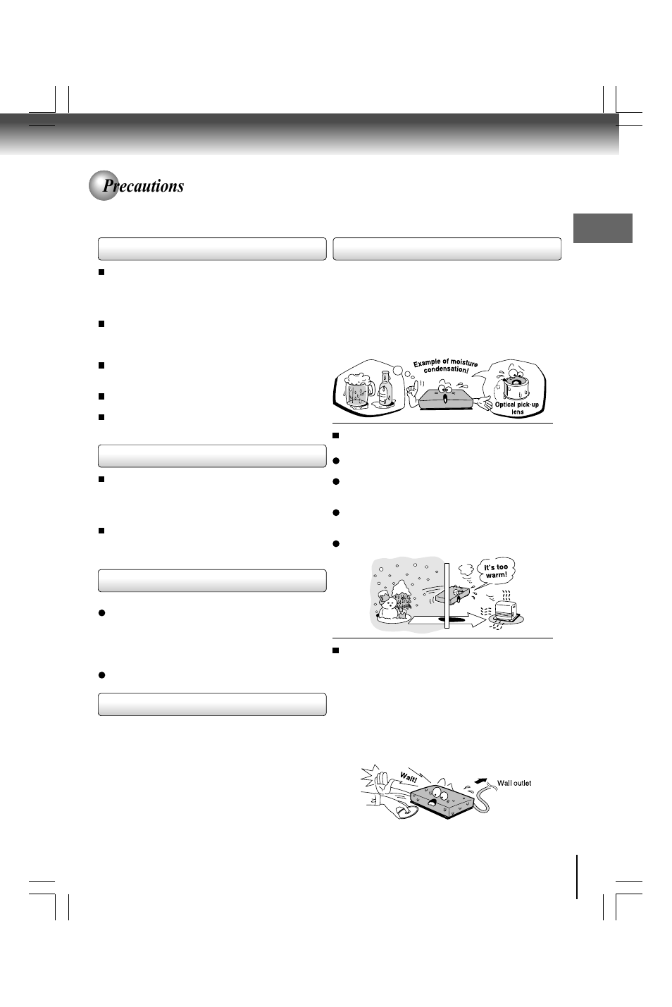 Precautions, Inspection and maintenance | Toshiba SD590 User Manual | Page 5 / 40