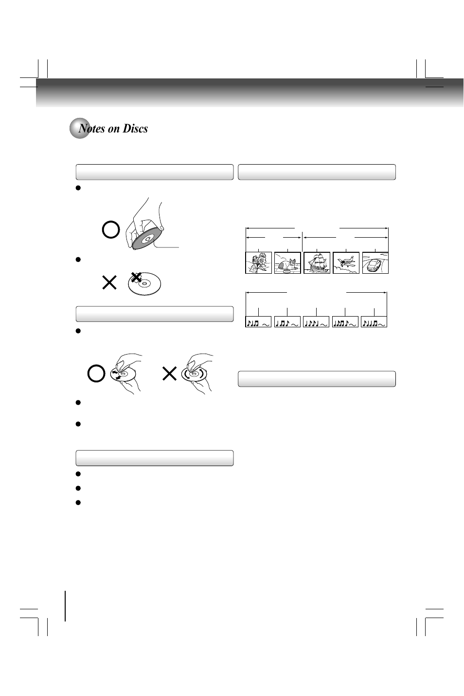 Structure of disc contents, On handling discs, On cleaning discs | On storing discs | Toshiba SD590 User Manual | Page 6 / 40