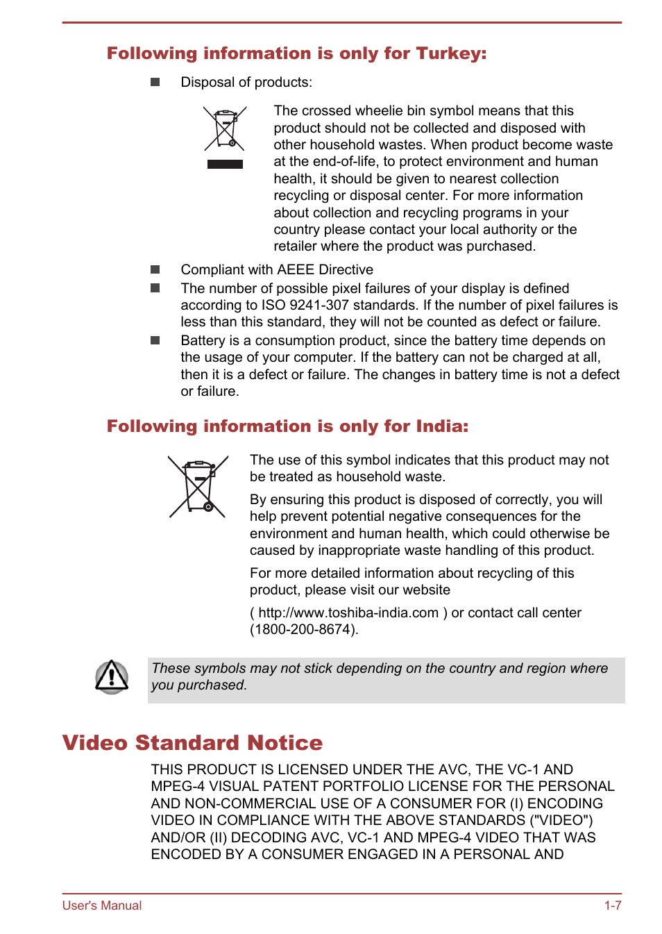 Following information is only for turkey, Following information is only for india, Video standard notice | Video standard notice -7 | Toshiba Satellite L70-B User Manual | Page 10 / 143